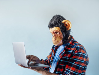 man wearing monkey mask and using a laptop 2025 02 12 12 03 01 utc